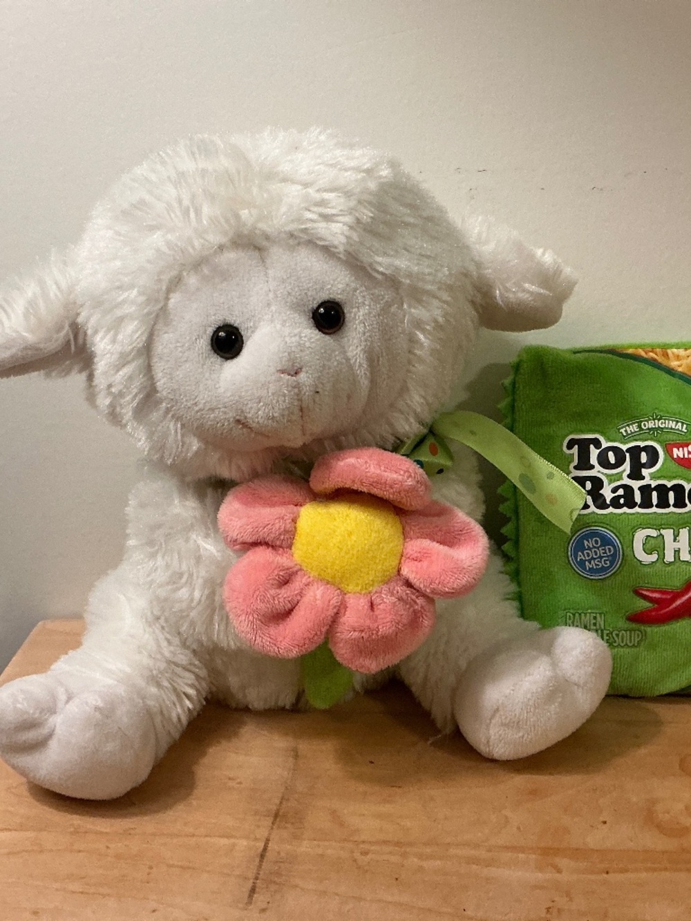 Cute Lamb Plush holding flowers and Nissin Top Ramen Chili Crinkle Toy